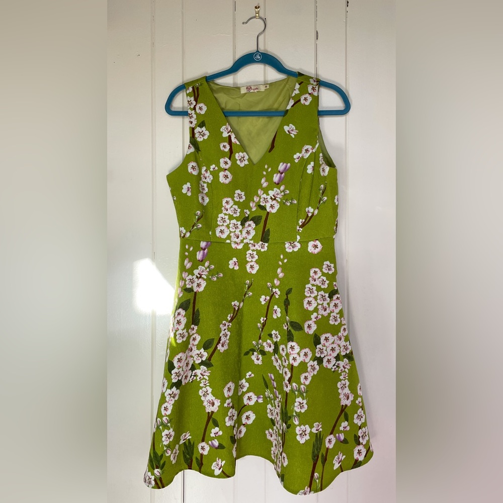 Beautiful like-new Aryeh dress. Vibrant green with cherry blossom pattern.